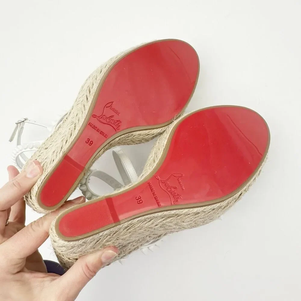 CHRISTIAN LOUBOUTIN Mafaldina Wedge Heels 39 US 8.5 Spiked Sandals White Leather